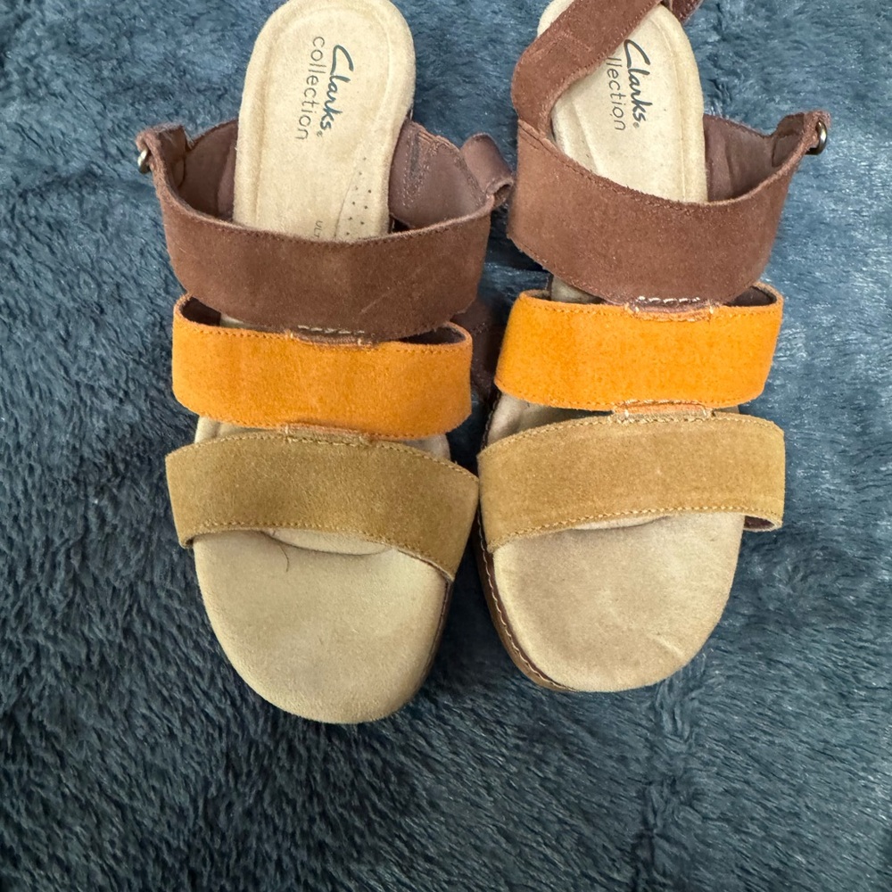 Clarks Brown and Orange Sandals Three-Strap Design